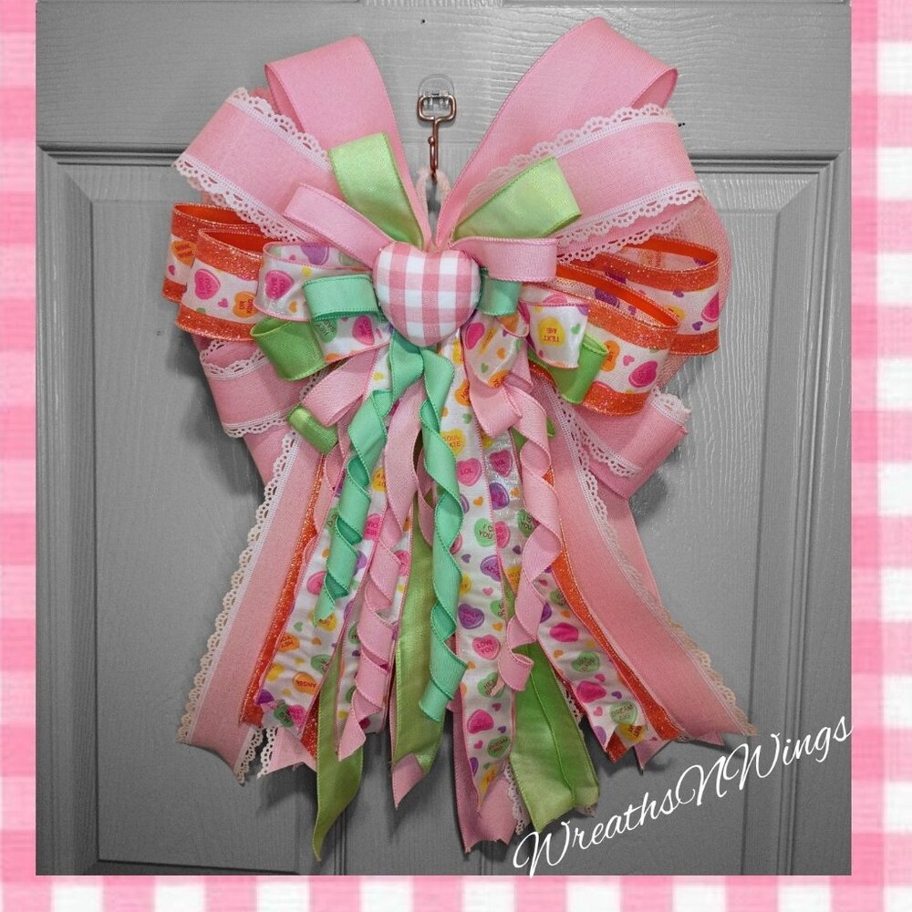 Valentine Door Bow, Pink Valentine Wreath Bow, Candy Heart Ribbon Bow, Valentine
